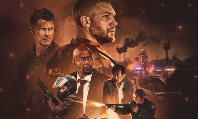 Tom Hardy looking into camera on the Havoc poster.