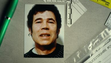 Photo of Molly Martens' arrest, Rose West sitting on Fred West's lap, and FBI image of Osama Bin Laden