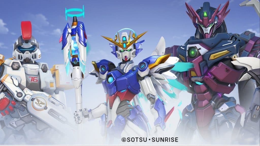 Uma captura de tela com peles de asa Gundam em Overwatch 2.