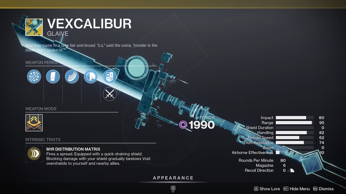 Captura de tela do exótico Glaive Vexcalibur em Destiny 2