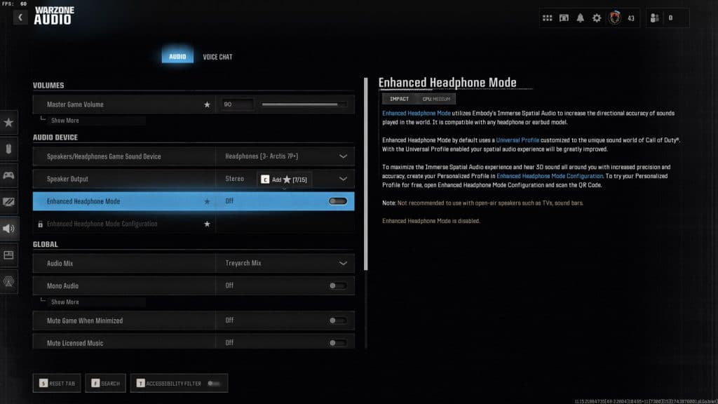 WarZone Audio Configurações do menu destacando o modo de áudio aprimorado