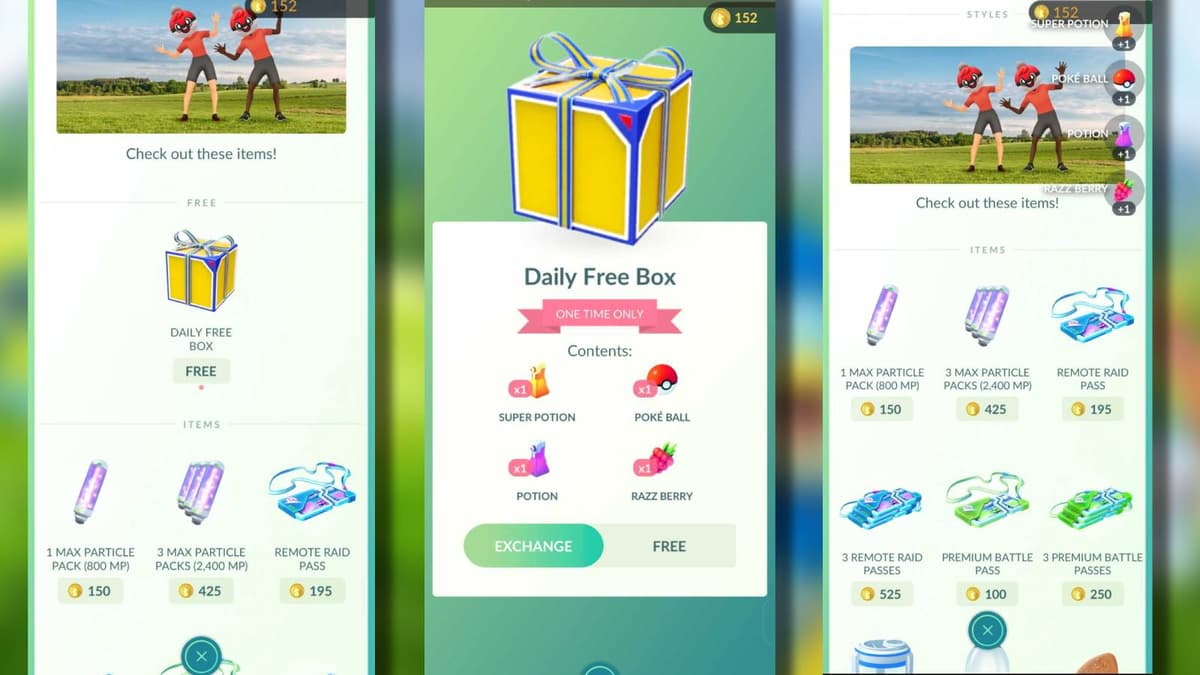 As capturas de tela Pokemon Go mostram como usar a caixa diária livre
