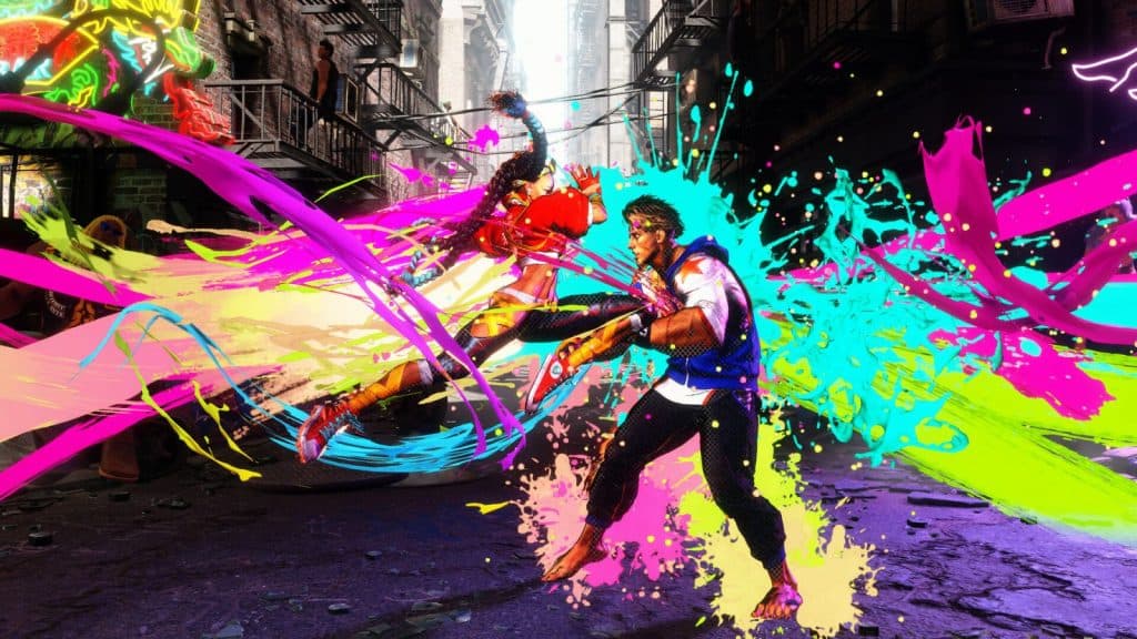 Uma imagem estática do Street Fighter 6 mostrando Kimberly usando um ataque de drive Rush a Luke.