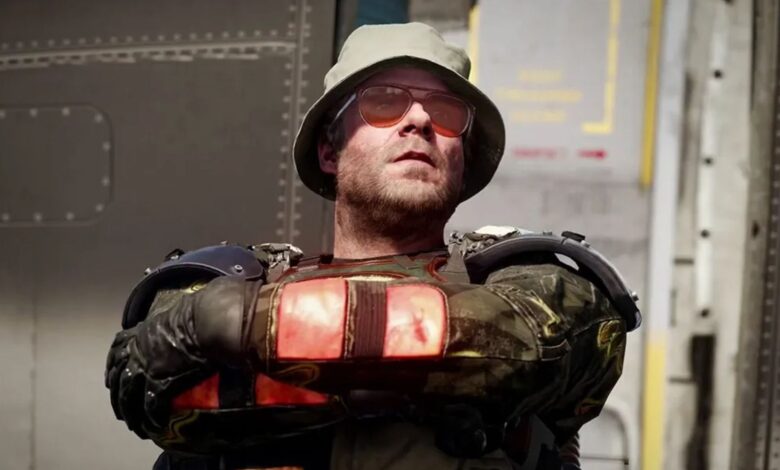 Black Ops 6 character with bucket hat on and arms folded