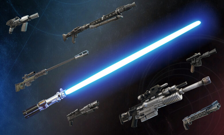 Various Fortnite Mythic and Exotic weapons in Chapter 6 Season 2.