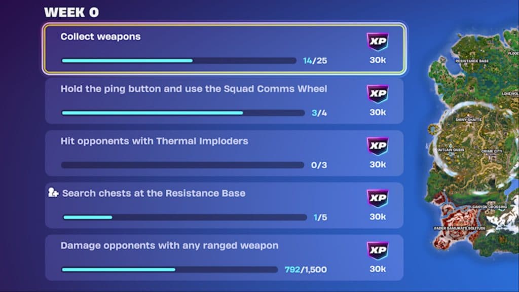 Uma captura de tela com missões semanais em Fortnite.