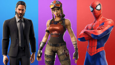 Three Fortnite characters alongside the text 'Free Fortnite Skins'