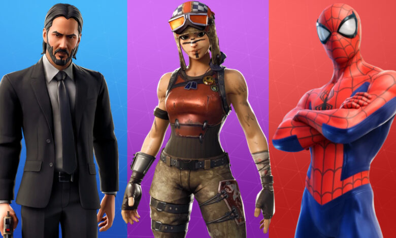 Three Fortnite characters alongside the text 'Free Fortnite Skins'