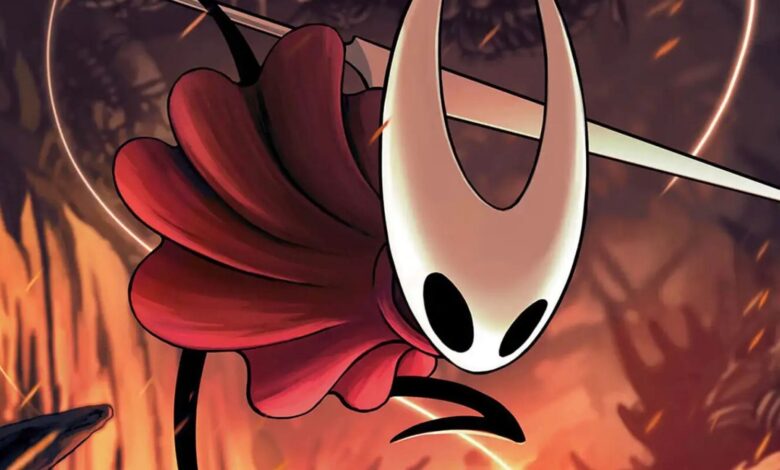 An image of Hornet and another character, with the Hollow Knight Silksong logo