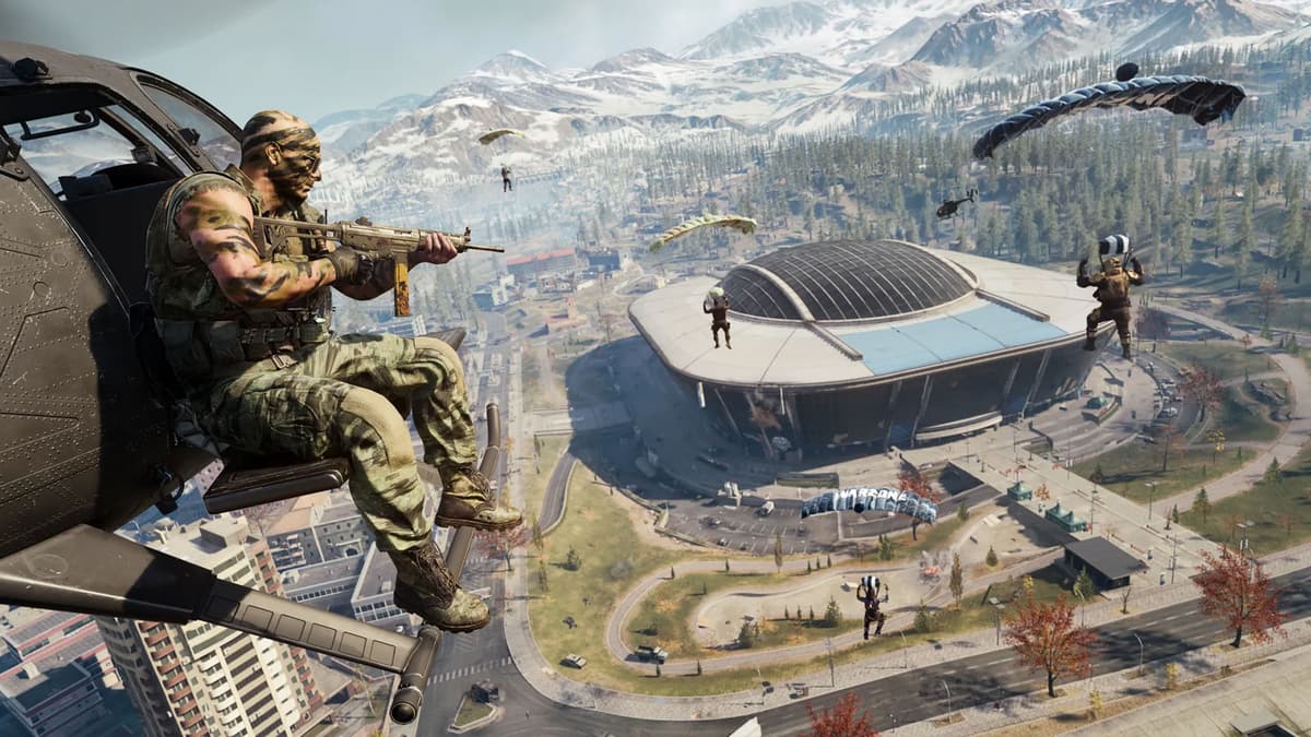 Black Ops 6 Operador Hudson acima do Estádio Verdansk em Warzone